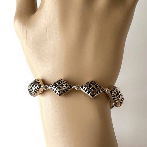 Vintage 925 Sterling Silver Filigree Heart Openwork Chain Link Bracelet - Picture 2 of 4